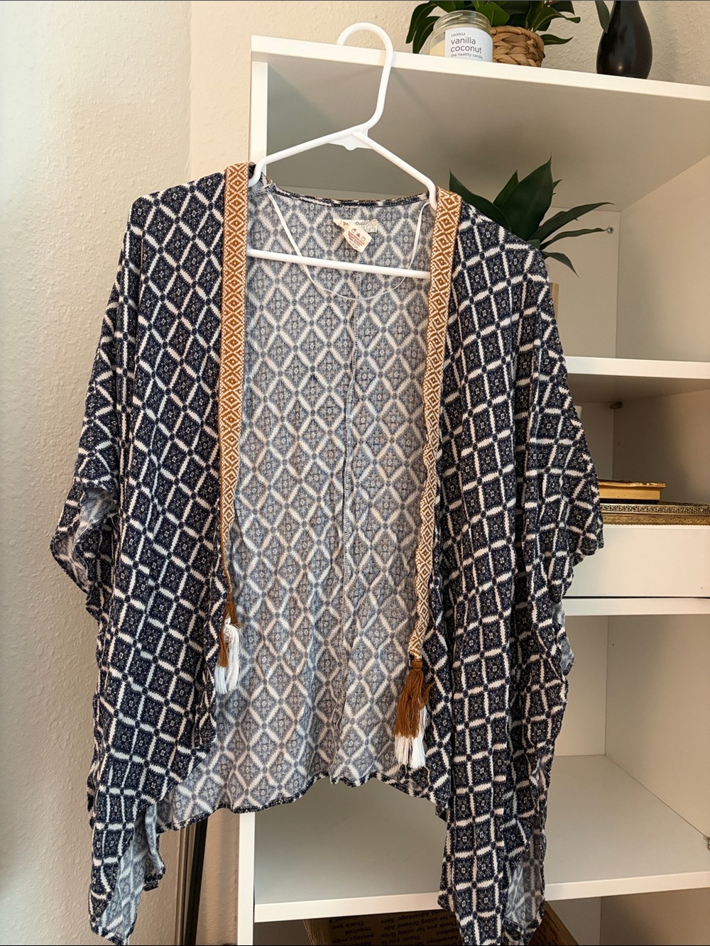 Mystree Navy and White Geometric Open-Front Kimono with Tan Tassel Trim - Small
